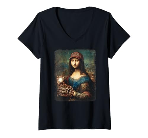 Damen Mona Lisa Baseball | Trending Aesthetic Streetwear T-Shirt mit V-Ausschnitt Damen Mona Lisa Baseball | Trending Aesthetic Streetwear T-Shirt mit V-Ausschnitt von WE LOVE BASEBALL Outfits Für Baseball-Fans