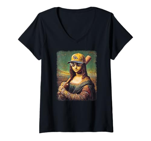 Damen Mona Lisa Baseball | Trending Aesthetic Streetwear T-Shirt mit V-Ausschnitt Damen Mona Lisa Baseball | Trending Aesthetic Streetwear T-Shirt mit V-Ausschnitt von WE LOVE BASEBALL Outfits Für Baseball-Fans