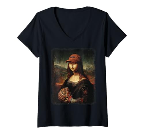 Damen Mona Lisa Baseball | Trending Aesthetic Streetwear T-Shirt mit V-Ausschnitt Damen Mona Lisa Baseball | Trending Aesthetic Streetwear T-Shirt mit V-Ausschnitt von WE LOVE BASEBALL Outfits Für Baseball-Fans