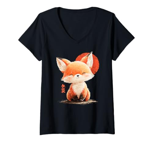Damen Kawaii Japan Tokio Fuchs Retro T-Shirt mit V-Ausschnitt von WE LOVE KAWAII Japan Outfits