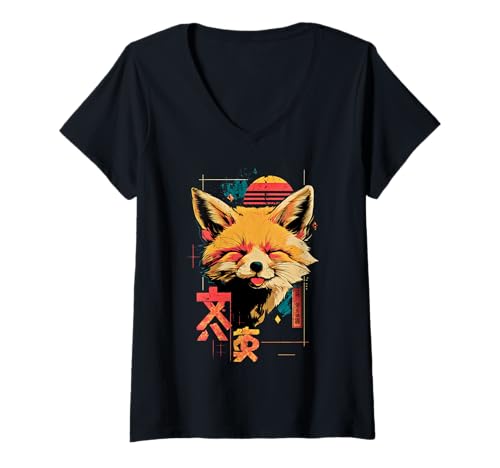 Damen Kawaii Japan Tokio Fuchs Retro T-Shirt mit V-Ausschnitt von WE LOVE KAWAII Japan Outfits