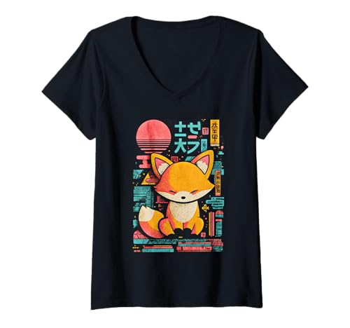 Damen Kawaii Japan Tokio Fuchs Retro T-Shirt mit V-Ausschnitt Damen Kawaii Japan Tokio Fuchs Retro T-Shirt mit V-Ausschnitt von WE LOVE KAWAII Japan Outfits