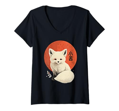 Damen Kawaii Japan Tokio Weisser Fuchs Retro T-Shirt mit V-Ausschnitt von WE LOVE KAWAII Japan Outfits