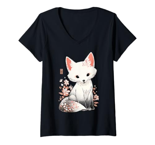 Damen Kawaii Japan Tokio Weisser Fuchs Retro T-Shirt mit V-Ausschnitt von WE LOVE KAWAII Japan Outfits
