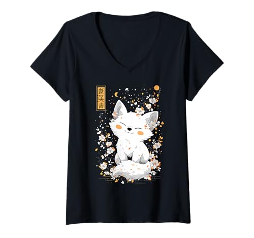Damen Kawaii Japan Tokio Weisser Fuchs Retro T-Shirt mit V-Ausschnitt Damen Kawaii Japan Tokio Weisser Fuchs Retro T-Shirt mit V-Ausschnitt von WE LOVE KAWAII Japan Outfits