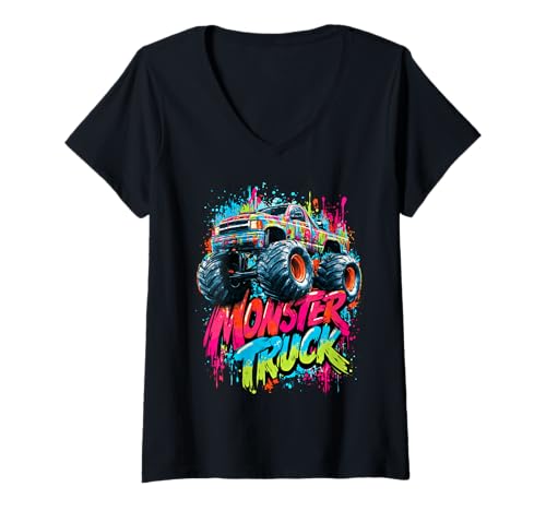 Damen Monster Truck Graffiti T-Shirt mit V-Ausschnitt Damen Monster Truck Graffiti T-Shirt mit V-Ausschnitt von WE LOVE MONSTER TRUCKS Big Wheels Streetwear