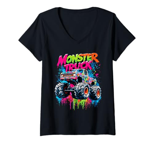 Damen Monster Truck Graffiti T-Shirt mit V-Ausschnitt Damen Monster Truck Graffiti T-Shirt mit V-Ausschnitt von WE LOVE MONSTER TRUCKS Big Wheels Streetwear