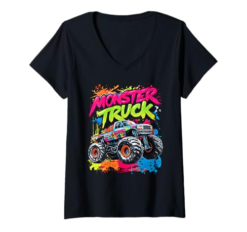 Damen Monster Truck Graffiti T-Shirt mit V-Ausschnitt Damen Monster Truck Graffiti T-Shirt mit V-Ausschnitt von WE LOVE MONSTER TRUCKS Big Wheels Streetwear