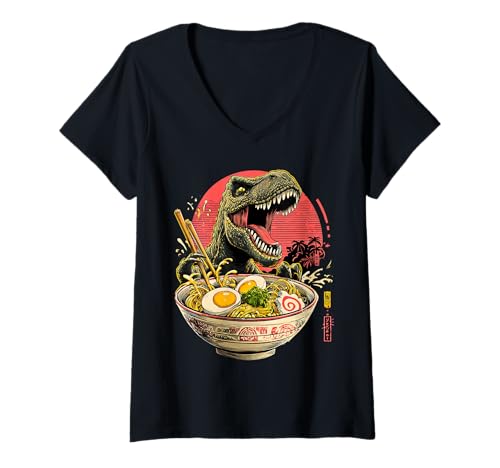 Damen Japanischer Ramen Dinosaurier T-Rex Retro T-Shirt mit V-Ausschnitt von WE LOVE RAMEN Kawaii Japan Retro Outfits