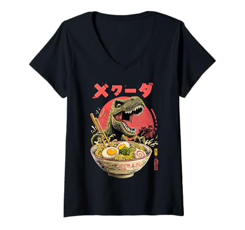 Damen Japanischer Ramen Dinosaurier T-Rex Retro T-Shirt mit V-Ausschnitt von WE LOVE RAMEN Kawaii Japan Retro Outfits