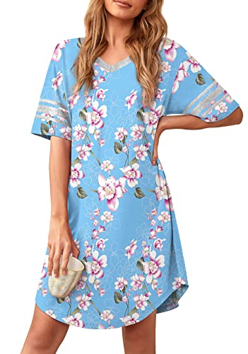 WEACZZY Damen Nachthemd Weiches Schlafshirt V-Ausschnitt Kurzarm Loungewear Lose Bequeme Nachthemden, Blumenmuster hellblau, Medium von WEACZZY