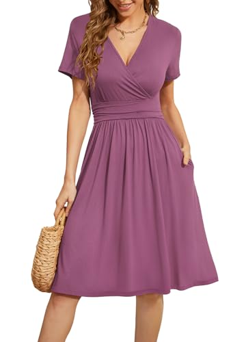 WEACZZY Damen Sommer Kurzarm Freizeitkleider V-Ausschnitt Floral Partykleid mit Taschen, A Mauve, 3X-Groß von WEACZZY
