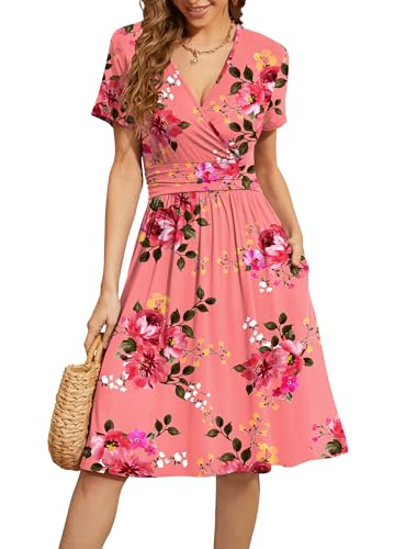 WEACZZY Damen Sommer Kurzarm Freizeitkleider V-Ausschnitt Floral Partykleid mit Taschen, Blumenmuster in Pink, Klein von WEACZZY