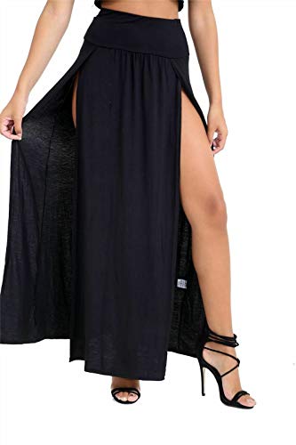 WEAR THE FASHION Damen Maxirock mit doppeltem Schlitz, Schlichtes Basic, mit Zwei Seitenschlitzen, dehnbar, lang, schwarz von WEAR THE FASHION