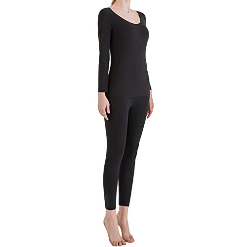 Damen Thermounterwäsche Set U-Ausschnitt Winter Langarm Base Layer Top und Leggings Ultra Weich Leicht Klassisch und Atmungsaktiv Warm Tops & Hose für Damen, Schwarz , 48 von WEAREWE