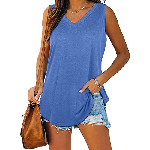 WEAREWE Sommer ärmellose Shirts Damen Tank Tops Cami Weste V-Ausschnitt Casual Flowy, blau, M von WEAREWE