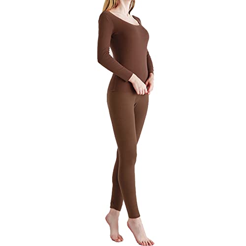 WEAREWE Damen-Thermounterwäsche-Set, U-Ausschnitt, Winter, keine Spur, lange Ärmel, Basisschicht, Oberteil, Leggings, ultraweich, leicht, klassisch, atmungsaktiv, warm, braun, 42 von WEAREWE