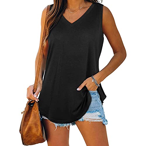 WEAREWE Sommer ärmellose Shirts Damen Tank Tops Cami Weste V-Ausschnitt Casual Flowy, Schwarz , M von WEAREWE