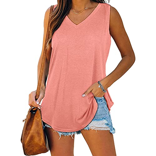 WEAREWE Sommer ärmellose Shirts Damen Tank Tops Cami Weste V-Ausschnitt Casual Flowy, rose, XXL von WEAREWE