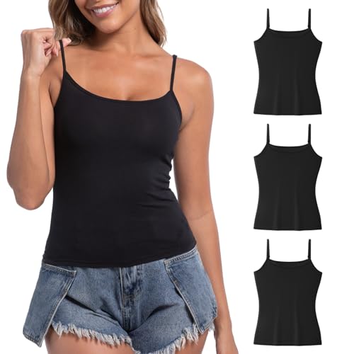 WEASIC Basic top Damen unterhemden Damen Baumwolle Tank top Spaghetti top Tanktops Frauen top trägertop Tanktop Baumwolle Basic Tops damenunterhemden Skiny unterhemden (3er-Pack, Schwarz, XXL) von WEASIC