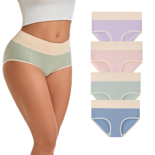 WEASIC Baumwoll-Unterwäsche hohe Taille Slips für Damen nahtlos hohe Taille Baumwoll-Slips mit Multipack vollständige Abdeckung weiche und atmungsaktive Damenhöschen(4er-Pack, Mehrfarbig 3, S) von WEASIC