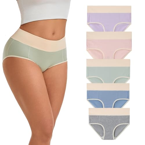 WEASIC Baumwoll-Unterwäsche hohe Taille Slips für Damen nahtlos hohe Taille Baumwoll-Slips mit Multipack vollständige Abdeckung weiche und atmungsaktive Damenhöschen(5er-Pack, Mehrfarbig 1, XXL) von WEASIC