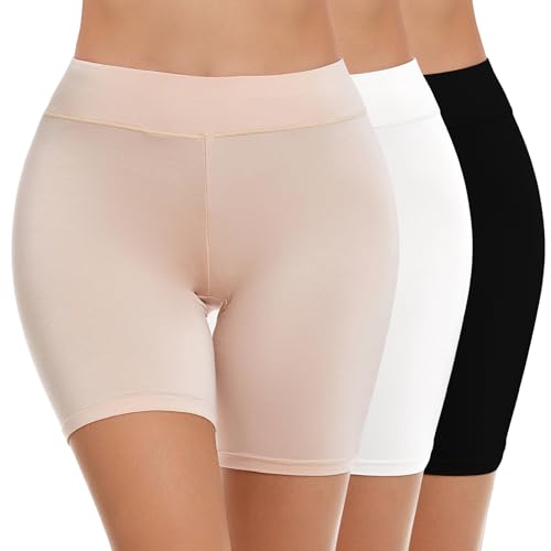 WEASIC Damen Anti Scheuer Unterwäsche Radlerhose Kurze Sport Leggings Sommer Boxershorts Chub Rub Slip-Shorts Hohe Taille Nahtlose Radlerhose(3er-Pack,1 * Schwarz + 1 * Beige + 1 * Weiß, M) von WEASIC