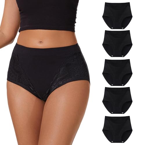 WEASIC Unterhosen Damen Baumwolle Damen unterwäsche Baumwoll unterwäsche Slip high Waist Unterhosen Baumwolle Slips Baumwolle Slips mehrpack schlüpfer Taillenslip (5er-Pack, Alles Schwarz, XXL) von WEASIC