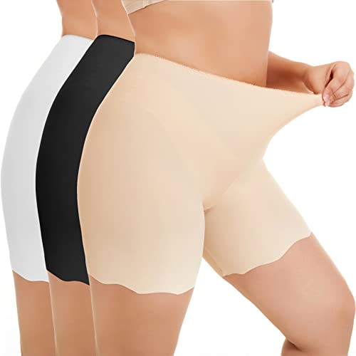 WEASIC Damen Anti-Scheuer Unterwäsche Nahtlose Kurze Leggings Radsport Boxershorts Chub Rub Shorts hohe Taille Sommer Slip Shorts Anti Reibungs(3er- Pack, 1 * Schwarz + 1 * Beige + 1 * Weiß, XXL) von WEASIC