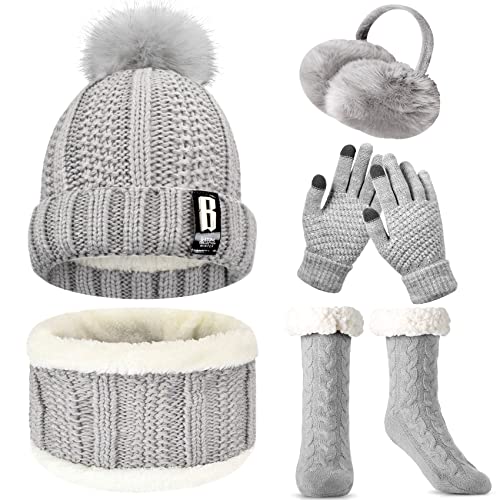WEASIC Mütze, Schal & Handschuh-Set für Damen - Weihnachtsgeschenke Mit Kuschelsocken, Stoppersocken - Grau von WEASIC
