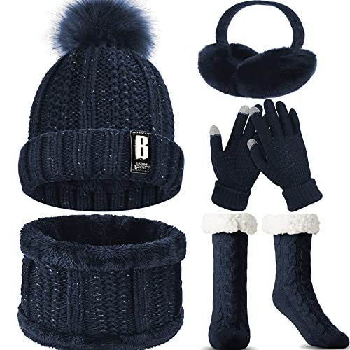 WEASIC Mütze, Schal & Handschuh-sets für Damen Weihnachtsgeschenke für Frauen Kuschelsocken Mütze Schal Set Damen Schal und Mütze Damen Set Stoppersocken Mütze Schal Handschuhe Set - Navy blau von WEASIC