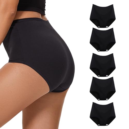 WEASIC Damen Slips Multipack Damen Baumwolle unterwäsche Slips hohe Taille Slip Knickers Unterhosen unterwäsche Frauen Baumwolle damenunterwäsche schlüpfer Panties (5er-Pack, Schwarz, XL) von WEASIC