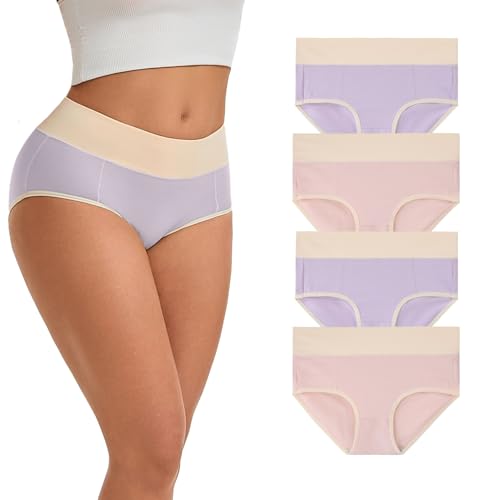 WEASIC Baumwoll-Unterwäsche hohe Taille Slips für Damen nahtlos hohe Taille Baumwoll-Slips mit Multipack vollständige Abdeckung weiche und atmungsaktive Damenhöschen(4er-Pack, Mehrfarbig 2, XS) von WEASIC