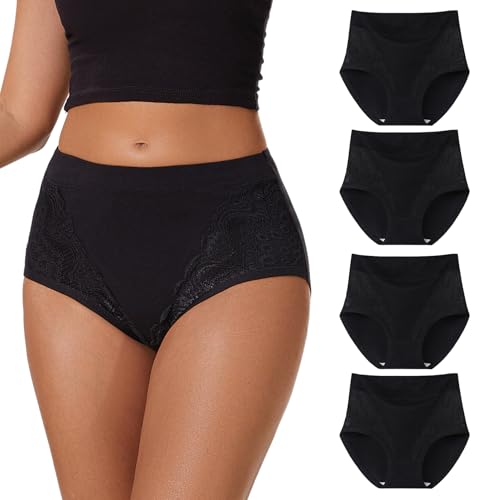 WEASIC Unterhosen Damen Baumwolle Damen unterwäsche Baumwoll unterwäsche Slip high Waist Unterhosen Baumwolle Slips Baumwolle Slips mehrpack schlüpfer Taillenslip (4er-Pack,Alles Schwarz, L) von WEASIC