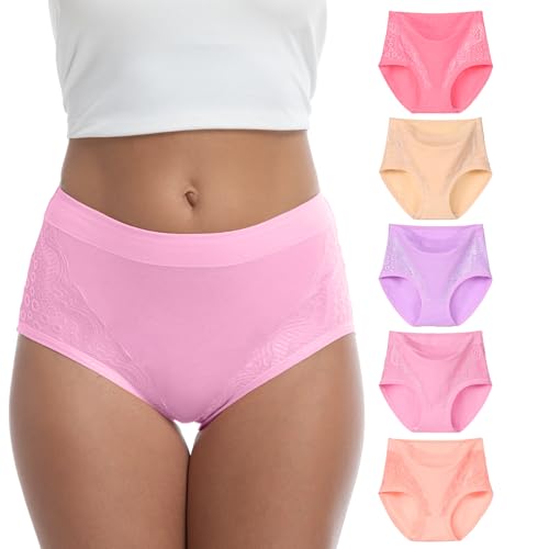 WEASIC Unterhosen Damen Baumwolle Damen unterwäsche Baumwoll unterwäsche Slip high Waist Unterhosen Baumwolle Slips Baumwolle Slips mehrpack schlüpfer Taillenslip (5er-Pack, Mehrfarbig 1, XL) von WEASIC