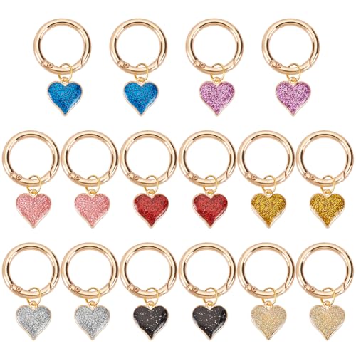 WEBEEDY 16 Stück Herzstiefelanhänger 8 Farben Glitzerherzanhänger Für Schuhe Gold Schuhbändelanhänger Mit Springringen Charms Zubehör Für Frauen Sneaker Stiefel Freizeitschuhe von WEBEEDY