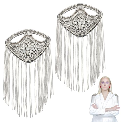 WEBEEDY 2 PCS Quaste Epaulette Strass Schulterabzeichen Quaste Kette Schulterabzeichen Perlen Kristall Schulterflicken Mit Quaste Für Männer Und Frauen Uniformzubehör (Silber) von WEBEEDY