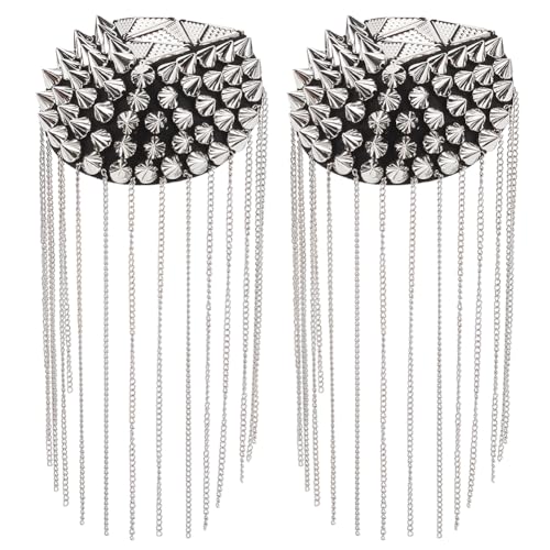 WEBEEDY 2 STÜCK Metall Quasten Epauletten Niete Quasten Kettenglieder Perlen Punk Schulterabzeichen Abnehmbare Schulterklappen Vernietete Schulterklappe Platte Für Performance Kostüme (Silber) von WEBEEDY