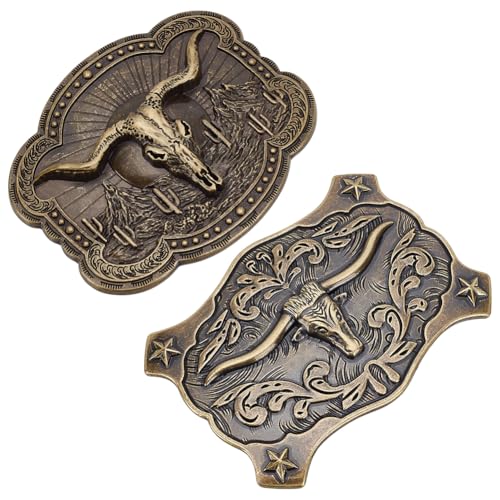 WEBEEDY 2 Stile Langer Horn Bull Gürtelschnallen American Western Cowboy Gürtelschnalle Für Männer Frauen Antike Bronze Gürtelschnalle Mit Longhorn Motiv Und Westlicher Scroll Gravur von WEBEEDY