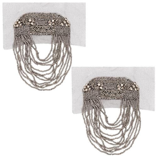 WEBEEDY 2 Stk. Handgefertigte Perlen Blätter Quasten Aufnäher Abnehmbare Quastenkette Aufnäher Handgefertigte Strass Schulterstücke Abzeichen Aufnäher Uniformzubehör (Silber) von WEBEEDY