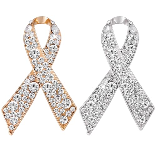 WEBEEDY 2 Stück Strass Brustkrebs Bewusstseins Schleifen Broschen Gold Und Silberlegierung Brustkrebs Broschen Pins Strass Band Reversnadel Für Kleidung 4.6x3cm von WEBEEDY