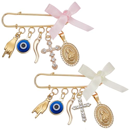 WEBEEDY 2 Styles Evil Eye Brosche Pins mit Kreuz Anhänger und Bow Ribbon Golden Safety Pin Schmuck für Frauen, Dekorative Pins für Kleidung Kleid Pullover Dekoration von WEBEEDY