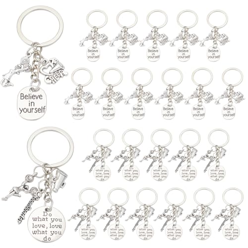 WEBEEDY 24 PCS Cheer Schlüsselanhänger Cheerleading Geschenke Antik Silber Cheerleading Thema Anhänger Cheer Gymnastik Mädchen Megaphon Charm Schlüsselanhänger Cheer Schmuck Accessoires von WEBEEDY