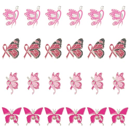 WEBEEDY 24 Stück 4 Stile Brustkrebs Bewusstseins Anstecker Rosa Schmetterlings Schleifen Anstecknadel Brustkrebs Brosche Pin Abzeichen Für Kleidung Taschen Hüte Dekoration von WEBEEDY