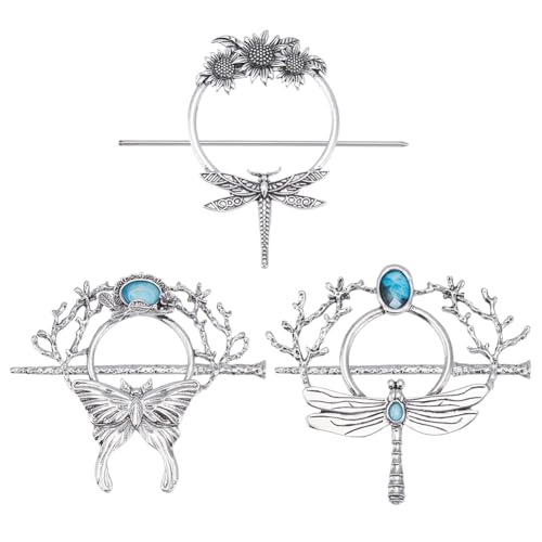 WEBEEDY 3 Stile Vintage Silber Haarnadeln Mit Drachenfliege Schmetterling Sonnenblume Und Mond Runde Legierunghaarnadeln Wikinger Retro Haarspangen Für Frauen Lange Haar Accessoires 8.7cm von WEBEEDY