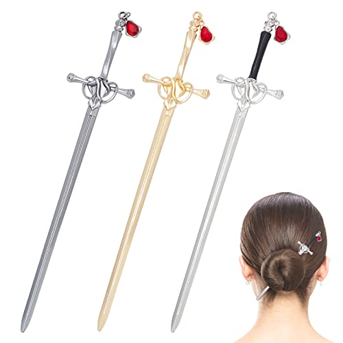 WEBEEDY 3 Stück Metall Haarstäbchen Chinesischer Haarstab Vintage Schwert Haarnadel Retro Haarspangen mit Perlen Chinesische Japanische Haarnadeln Essstäbchen Clips Geschenke für Damen Frauen von WEBEEDY