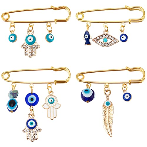 WEBEEDY 4 Stück Nazar Boncuk Evil Eye Sicherheitsnadeln Glücksbringer mit Türkischem Auge Brosche Türkische Blau Böser Blick Amulett Sicherheits Schmuck Brosche für Frauen Männer von WEBEEDY