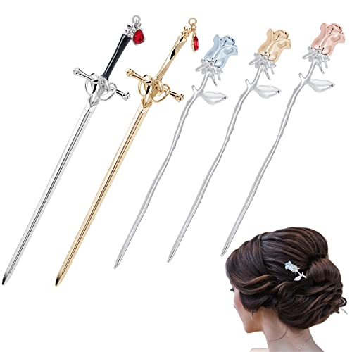 WEBEEDY 5 Stück Metall Haarstab Glänzend Lange Haarnadeln Einfache Rose Retro Haarnadel Haarspange Haar Stick für Frauen Mädchen Dekorative Haarstäbchen für Brötchen von WEBEEDY