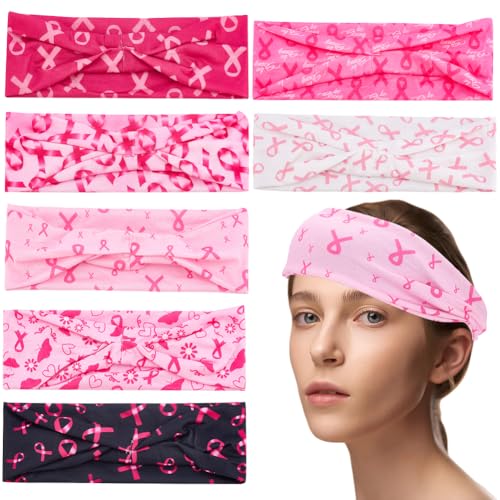 WEBEEDY 7 Stile Brustkrebs Bewusstseins Stirnbänder Pink Ribbon Stirnbänder Für Frauen Haarbänder Mit Breitem Gummizug Zur Unterstützung Der Brustkrebsvorsorge Beim Yoga Und Laufen von WEBEEDY