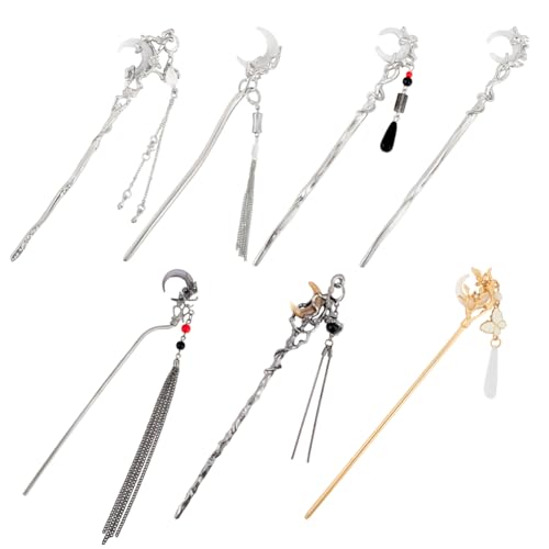 WEBEEDY 7 Stile Mond Haarstab Für Dutts 3 Farben Legierung Haarstäbe Mit Quastenanhängern Chinesische Hanfu Cheongsam Blumen Schmetterling Haarstäbchen Für Frauen von WEBEEDY